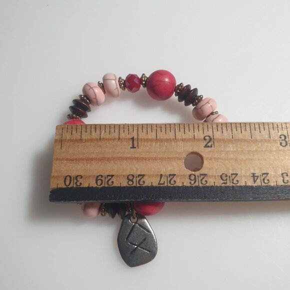 Red Pink Beaded Stretch Bracelet Charm Pendant Runic Design Resin Metal Accents - Picture 4 of 4